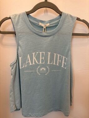 Z Supply Lake Life Muscle Tank in Light Blue with White Print